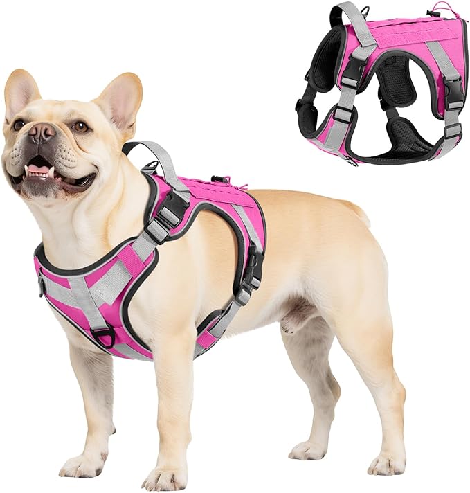 VavoPaw Heavy Duty Tactical Dog Harness for Large Dogs, No Pull Adjustable Pet Harness Reflective Service Training Easy Control Pet Vest Military K9 Working Dog Harnesses, Pink, S