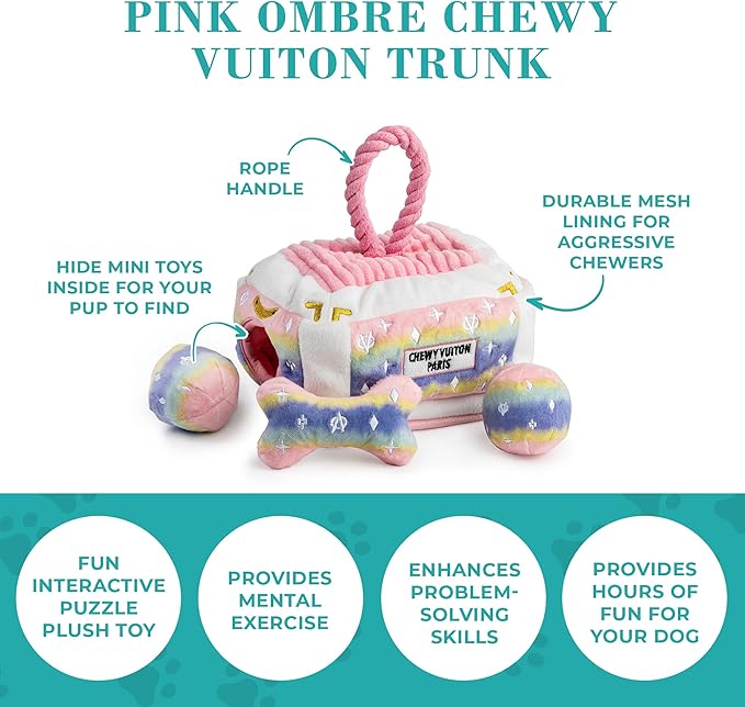Haute Diggity Dog Chewy Vuiton Trunk Puzzle with 3 Plush Squeaky Dog Toys, Soft Durable Designer-Inspired Stuffed Puppy Chew Toys for Small & Medium Dogs, Machine-Washable (Pink Ombre) One Size