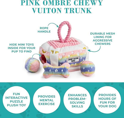 Haute Diggity Dog Chewy Vuiton Trunk Puzzle with 3 Plush Squeaky Dog Toys, Soft Durable Designer-Inspired Stuffed Puppy Chew Toys for Small & Medium Dogs, Machine-Washable (Pink Ombre) One Size