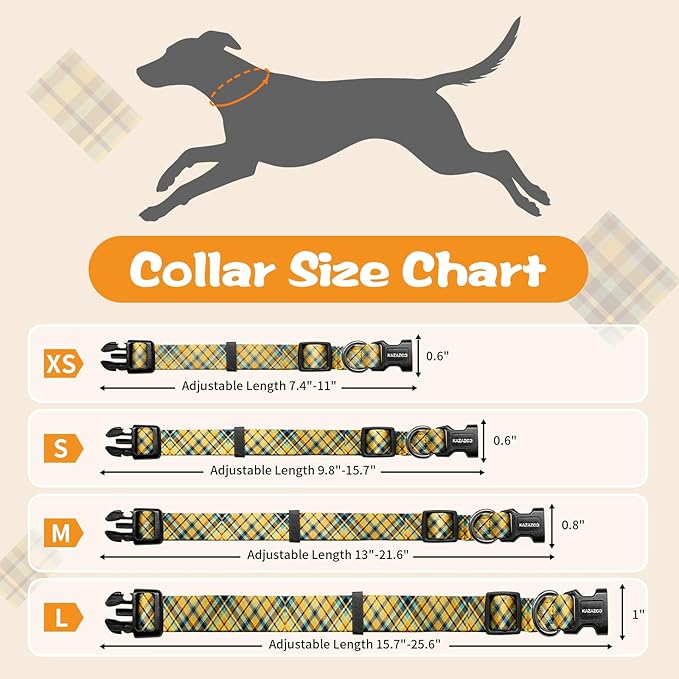 Kazazoo Dog Collar Cute and Soft Nylon Puppy Collar for Boy and Girl, Adjustable Dog Collars for Small Medium Dogs, Yellow&Blue Plaid-S