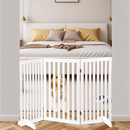 Freestanding Pet Dog Gate 36 Inch Foldable Fence Indoor 3 Panel Extra Wide Wooden Dog Door for Stairs Hallways Doorways