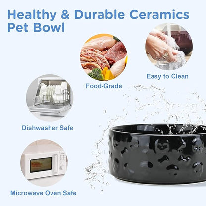 SPUNKYJUNKY Elevated Dog Bowls Ceramic, 6.1'' Dogs and Cat Food Water Bowls Raised with Non-Slip Bamboo Stand for Medium Sized Breed Microwave Dishwasher Safe - 28.7 OZ,Skull Black