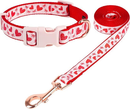 azuza Valentine's Day Dog Collar and Leash Set, Adjustable Pink Dog Collar with Glittery Pink Heart Pattern Matching Leash Valentines Day Gift for Small Dogs