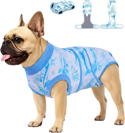 PetWarm Recovery Suit for Dogs, Surgical Suit for Dogs Female Spay Male Neutered, After Surgery Dog Onesie, Anti-Licking Dog Surgery Recovery Suit, Marine Animal Patterns, Blue, XS