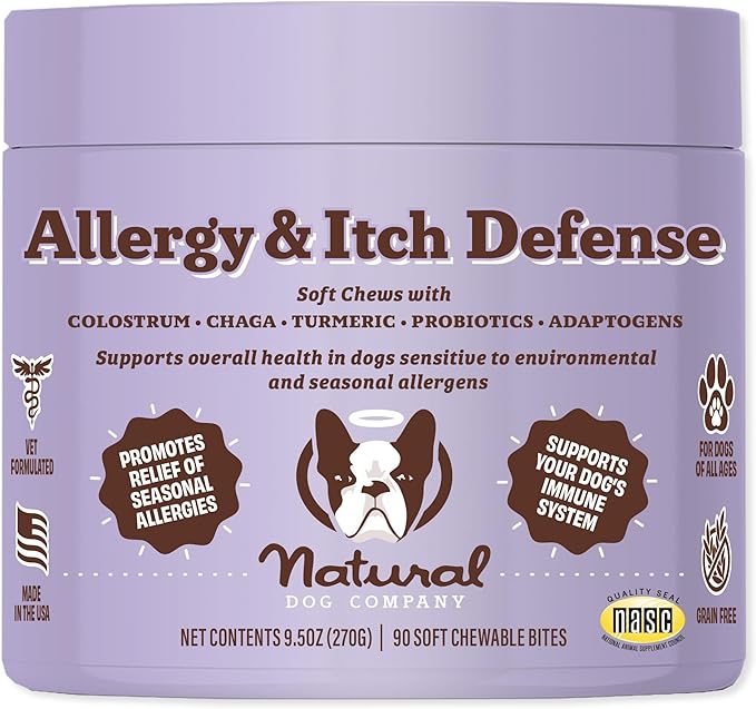 Natural Dog Company Allergy & Itch Defense Chews – Supports Seasonal Allergy, Itch, Skin, Coat & Immune Health, Gut Health with Probiotics, Colostrum & Salmon Oil, Grain-Free Dog Supplement, 90 ct