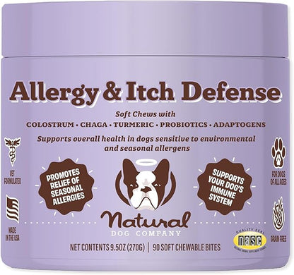 Natural Dog Company Allergy & Itch Defense Chews – Supports Seasonal Allergy, Itch, Skin, Coat & Immune Health, Gut Health with Probiotics, Colostrum & Salmon Oil, Grain-Free Dog Supplement, 90 ct