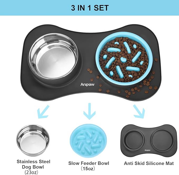 Anipaw Slow Feeder Dog Bowls 3 in 1 Stainless Steel Food and Water Bowls with Non-Spill and Skid Silicone Mat to Slow Down Eating for Large Medium Small Breed Size Dogs and Cats