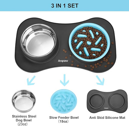 Anipaw Slow Feeder Dog Bowls 3 in 1 Stainless Steel Food and Water Bowls with Non-Spill and Skid Silicone Mat to Slow Down Eating for Large Medium Small Breed Size Dogs and Cats