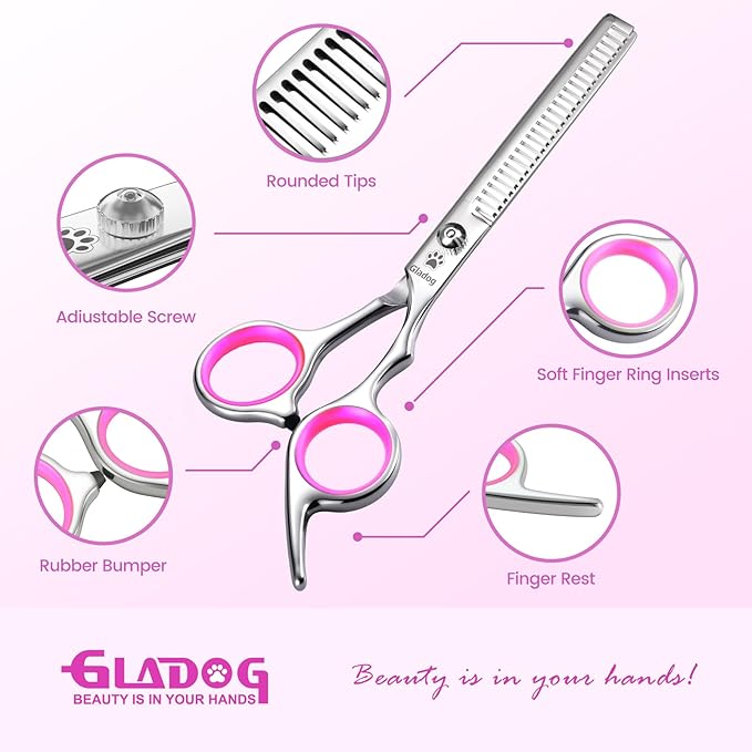 GLADOG Professional 4 in 1 Dog Grooming Scissors Set with Safety Round Tips, Sharp and Heavy-duty Pet Grooming Shears for Cats (Pink)