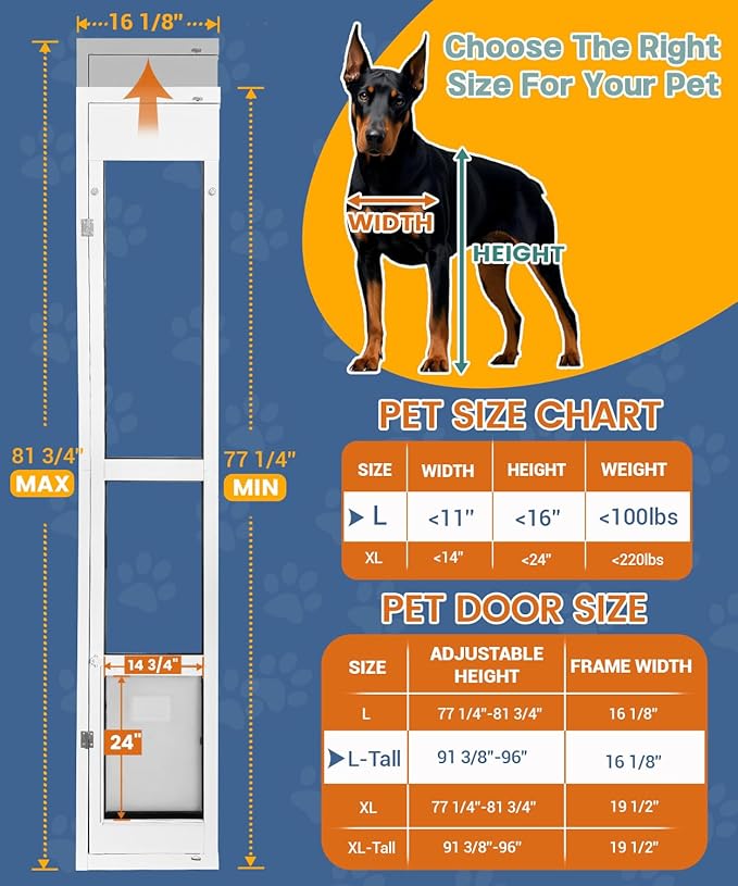 96 inch Large Dog Door for Sliding Glass Door - Left Amout from Inside, Adjustable Height: 96.38-96 in, Flap Size: 11”(W) x 16”(H)
