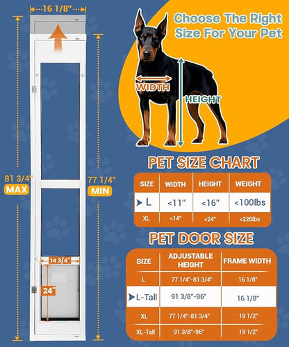 96 inch Large Dog Door for Sliding Glass Door - Left Amout from Inside, Adjustable Height: 96.38-96 in, Flap Size: 11”(W) x 16”(H)