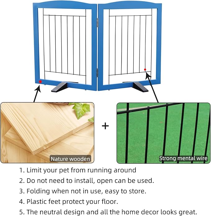 ZJSF Freestanding Dog Fence Indoor, Foldable Dog Gate for Doorways, Stairs or Hallways, Sturdy Wood Extra Wide Pet Gate with Support Feet for The House, Blue, 24 "Height-2 Panels