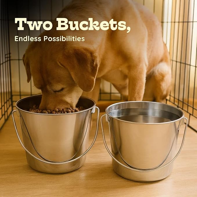 9 quart Heavy Duty Stainless Steel Round Bucket with Handle 2Pcs | 2.25gal Sturdy Food & Water Bowl for XL Dog Goat Sheep Horse & Livestock | Fits kennel Crate Farm | Hanging Utility Pail