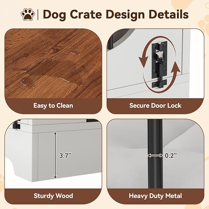 Dog Crate Furniture, 39.4 in Dog Kennel for Dogs Up to 70 LB, with Bed Mat, Heavy-Duty Dog Cage End Table, Three Doors Dog House, White/Brown