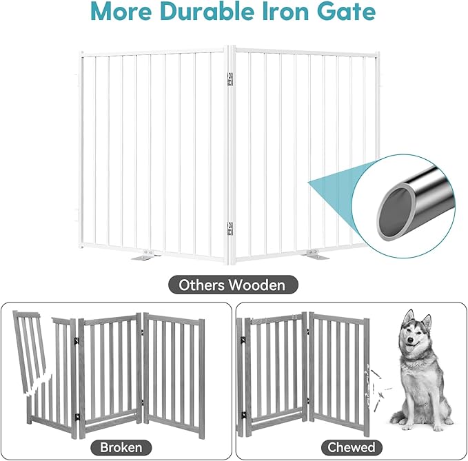 No Pawblems Free Standing Dog Gate, 36'' Tall Foldable Dog Fence for Indoor & Outdoor, Up to 52 Inch Extra Wide Puppy Gate for Stairs, Hallways, Doorways, Deck, Yard (White, 2 Panels)