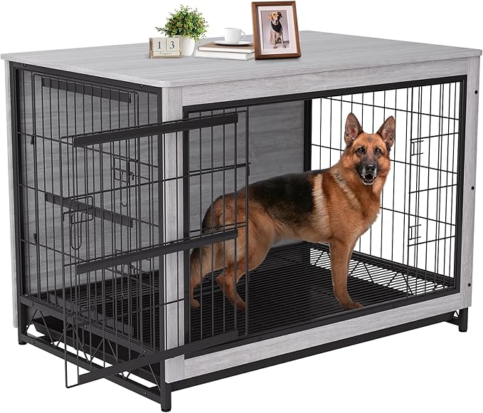 TLSUNNY Dog Crate Furniture, 44.1" Wooden Dog Kennel Indoor with 2 Doors, Heavy-Duty Dog Cage with Removable Tray, End Side Table, Modern Dog House for Large/Medium/Small Dogs, Grey