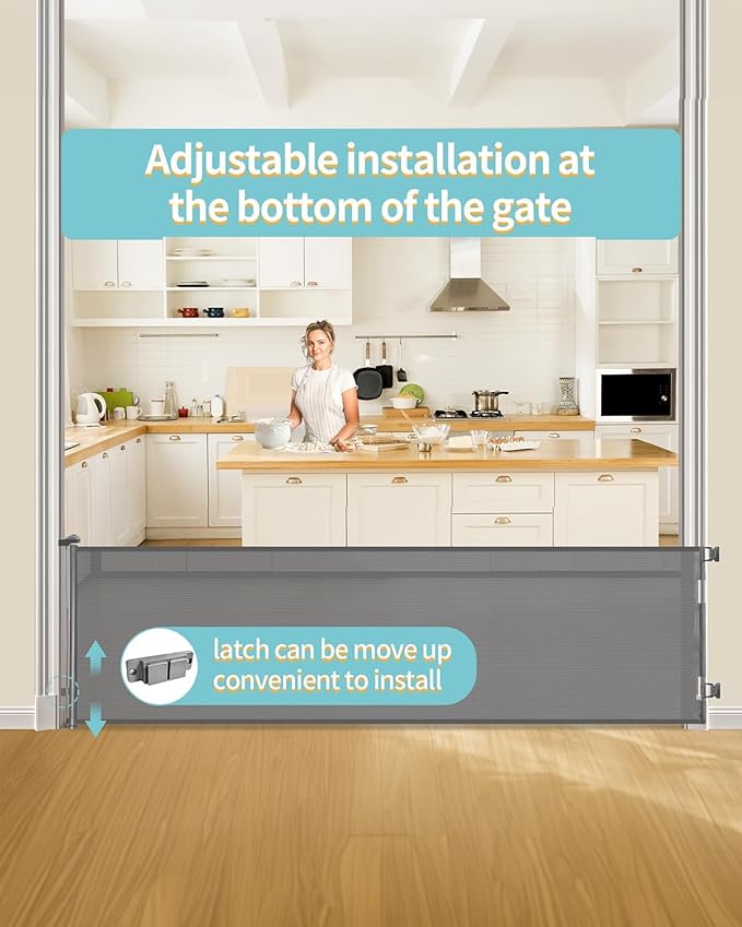 Retractable Baby Gate for Stairs – 33” Height, Expands up to 118” Width – Safety Gate for Infants, Toddlers, Dogs & Pets – Easy Install, Secure Closure, Gray Mesh Design for Indoor & Outdoor Use