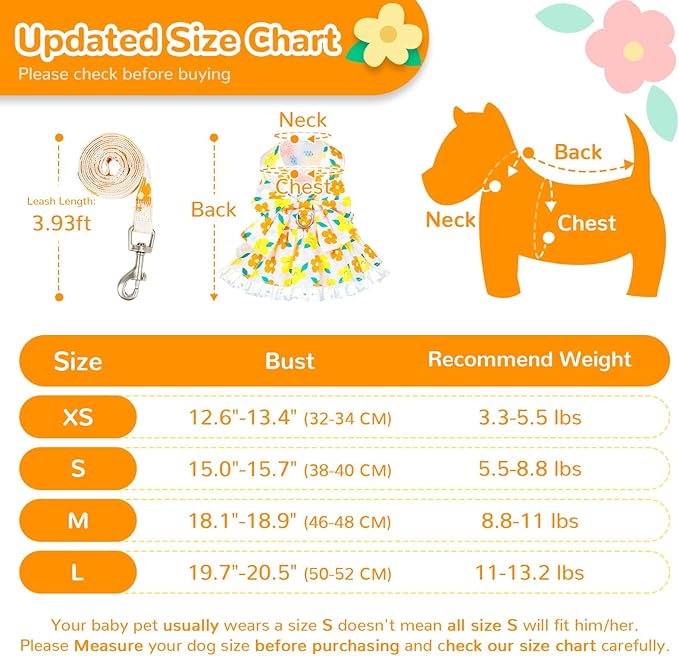 ABRRLO Dog Harness Dress Leash Set for Small Dog Summer Clothes Girl Female Puppy Cats Outfits Cute Floral Bowknot Princess Birthday Dress for Extra Small Pet Doggie Kitten Outfits Apparel(Yellow,L)