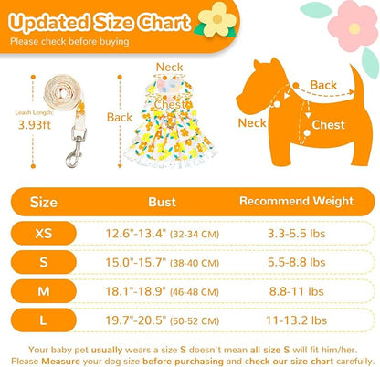 ABRRLO Dog Harness Dress Leash Set for Small Dog Summer Clothes Girl Female Puppy Cats Outfits Cute Floral Bowknot Princess Birthday Dress for Extra Small Pet Doggie Kitten Outfits Apparel(Yellow,L)