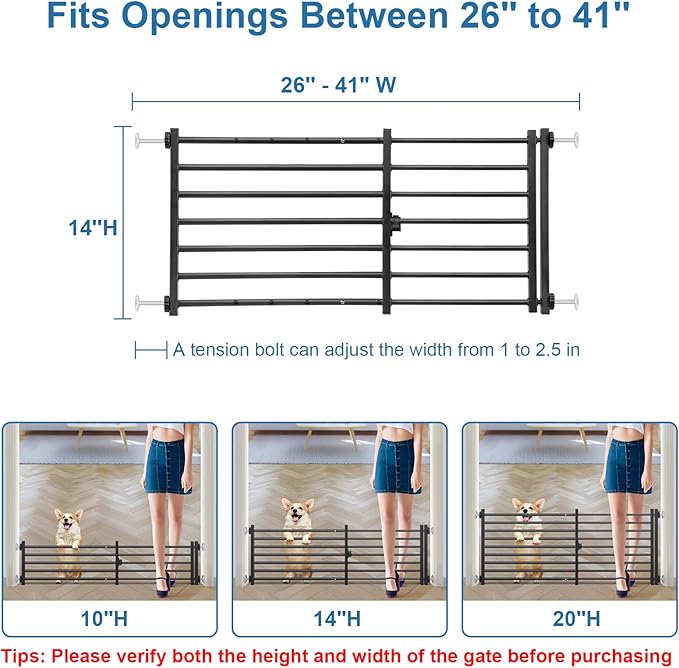 Malier Indoor Dog Gate with Door, 26-41" Extra Wide Full Metal Pet Gate Short Dog Gate for Stairs, Pressure Mount 14'' Tall Small Puppy Low Gate Easy Step Over for Doorways