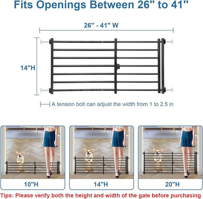 Malier Indoor Dog Gate with Door, 26-41" Extra Wide Full Metal Pet Gate Short Dog Gate for Stairs, Pressure Mount 14'' Tall Small Puppy Low Gate Easy Step Over for Doorways