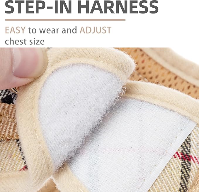 PUPTECK Soft Mesh Dog Harness Small Sized and Leash Set Step-in Plaid Puppy Padded No Pull Vest Harness for XS Dogs Cats Outdoor Walking, Beige M, Chest 15"-16"