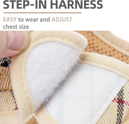 PUPTECK Soft Mesh Dog Harness and Leash Set Step-in Plaid Puppy Padded No Pull Vest Harness for XS Small Sized Dogs Cats Outdoor Walking, Beige S