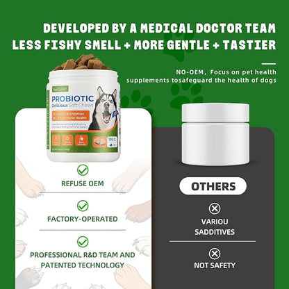Probiotic Soft Chews for Dogs, Daily Probiotic for Dogs, Dog Probiotics with Digestive Enzymes & Prebiotics, Gut Health & Sensitive Stomach Support（TESTER-15 Ct）