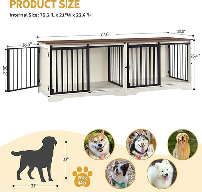 Hzuaneri 78" Dog Crate Furniture for 2 Dogs, Double Dog Cage with Divider, Wooden Heavy Duty Dogs Kennel, Pet Cage with Barn Door, TV Stand for Large Small Medium Dogs, White Brown DFC83714BV1