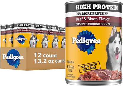 Pedigree High Protein Wet Dog Food, Adult Soft Canned Dog Food, Beef & Bison Flavor, 13.2 oz. Cans, 12 Count