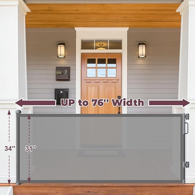 76" Retractable Baby Gates Extra Wide, Mesh Long Dog Gate for Wide Openings, Indoor Outdoor Stair Gate for Doorways Hallways Deck Porch, Child Pet Safety Essentials for Home, Grey