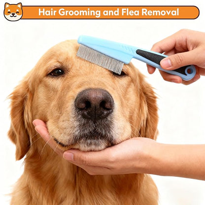 Dog & Cat Brush Kit 2PCS, Self Cleaning Slicker Brush for Pets, Upgraded Dog Brush for Shedding Massaging and Grooming, Removes Loose Undercoat & Portable Comb for Long Short Haired Dogs(Blue)