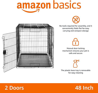 Amazon Basics Portable Metal Wire Dog Crate for Large Dogs, Double Door with Removable Tray, Divider Panel, Easy to Assemble, 48" x 30" x 32.5", Black
