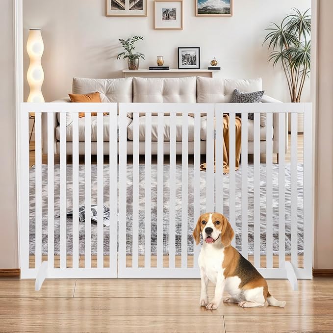 Dog Gate 60 x 36 Inch Freestanding Indoor Pet Door for House Doorways Stairs Halls, Foldable Wood Safety Fence 3 Panels, White