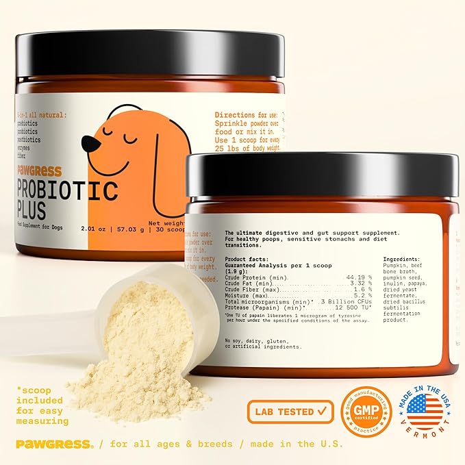 5-in-1 Dog Probiotic Powder – 100% Natural Gut Health Support with Prebiotics, Postbiotics & Enzymes - Made in USA – 30 Scoops
