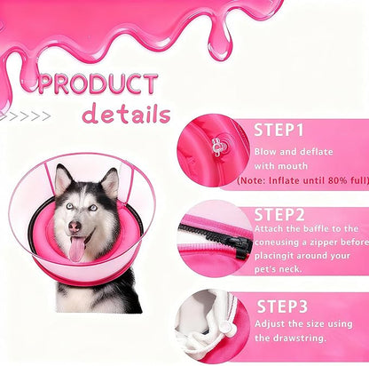 2-in-1 Soft Inflatable Dog Cone Collar Alternative with Enhanced Anti-Licking Guard Shield, Dog Collar After Surgery, Adjustable Recovery Cones for Large Medium Small Dogs and Cats(Pink, XL)
