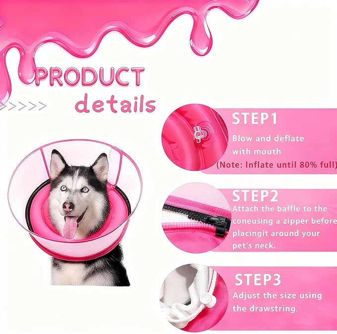 2-in-1 Soft Inflatable Dog Cone Collar Alternative with Enhanced Anti-Licking Guard Shield, Dog Collar After Surgery, Adjustable Recovery Cones for Large Medium Small Dogs and Cats(Pink, M+)