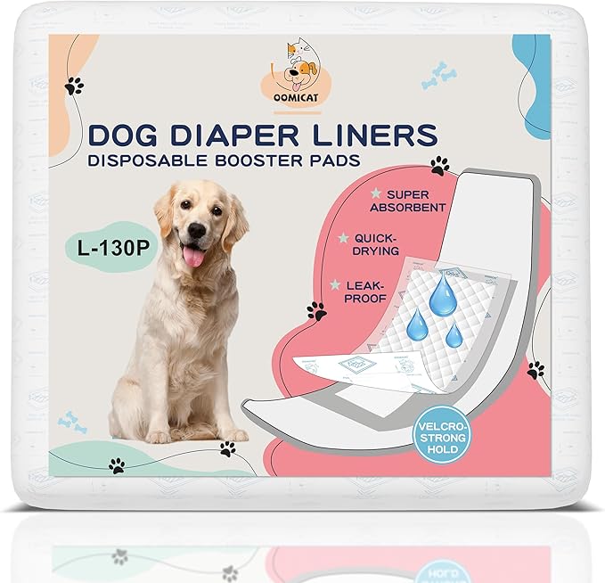 Dog Diapers Liners Large, 130 Ct, Super Absorbent Diaper Pads for Male and Female, Hook-and-Loop Tape Design Design, Super-fit & No Shifting, for Dog Period Diapers Belly Bands