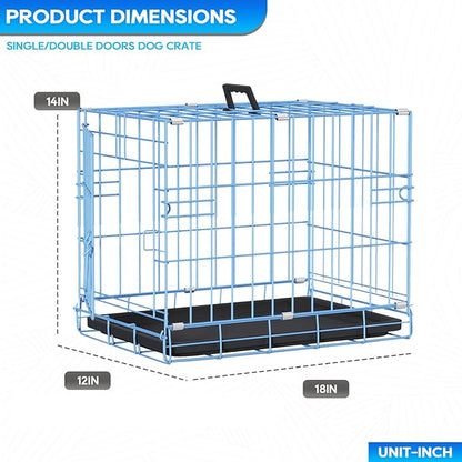 FDW Dog Crate for Small Dogs 18 Inch Folding Metal Wire Pet Cage Single Door W/Divider Panel Indoor Outdoor Kennel Leak-Proof Plastic Tray,Blue