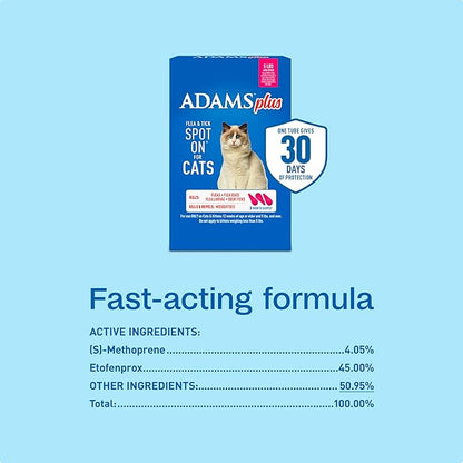 ADAMS Plus Flea and Tick Prevention Spot On for Cats, Kills Fleas & Ticks (Brown Dog/Deer Ticks), Kills and Repels Mosquitoes, Prevents Flea Infestations, 3-Month Supply, 3 Pack