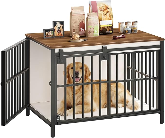 HOOBRO Dog Crate Furniture with Sliding Barn Door, Dog Kennel Indoor for Medium/Large Dogs, Heavy Duty Dog Cage with 2 Doors, End Table for Living Room, Bedroom, Rustic Brown and Black BWH163GW03