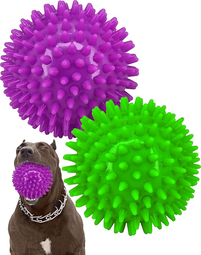 Pweituoet 4.5” Heavy Duty Squeaky Dog Balls for Medium Large Dogs, Dog Toys for Aggressive Chewers, Spike Ball Toys for Clean Teeth and Training(2 Pack) (4.5" Purple and Green)