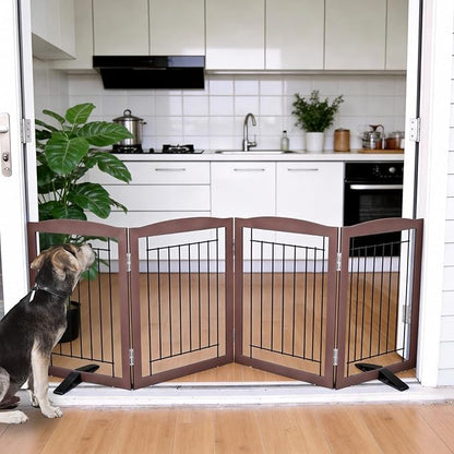 ZJSF Freestanding Dog Fence Indoor, Foldable Dog Gate for Doorways, Stairs or Hallways, Sturdy Wood Extra Wide Pet Gate with Support Feet for The House, Brown, 24 "Height-4 Panels