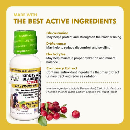 Premium Easy to Dose Liquid for All Dogs with Cranberry & D-Mannose: Comprehensive Dog Formula for Kidney & Bladder Support