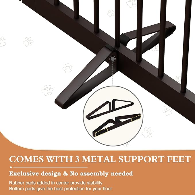 PUPETPO Freestanding Dog Gates with Door Walk Through, 80 inch Wide Gates Indoor, Dog Fences Indoor, Support Feet Included, 4 Panels, 32" Tall, Dark Brown