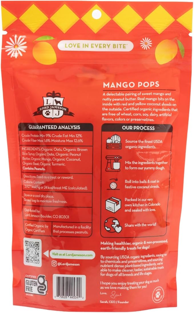 Lord Jameson: Mango Pops 6 oz - Dog Patisserie Treats, Organic Soft & Chewy No-Bake Bites, Fiber-Packed, Plant Based, Gluten & Preservative Free