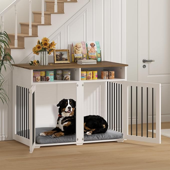 REVOMINCA 41" Dog Crate Furniture with Removable Divider, Decorative Dog Kennel with Storage Compartment, Heavy-Duty Indoor Dog Cage for 2 Small Dogs or 1 Medium, White