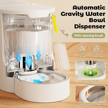 JUNSPOW Automatic Cat Feeder 2-in-1 Set, Gravity Cat Food Feeder and Water Dispenser, Dog Feeding & Watering Supply with Stailess Steel Bowls, Large Capacity Low Noise, White