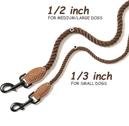 Mile High Life Dog Leash, Braided Cotton Rope Leashes with Leather Tip - Heavy Duty Metal Clasp, 6FT, 1/3" Thick - Wedding, Walking Leash for Small Medium Puppys(Dark Brown)