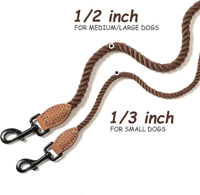 Mile High Life Dog Leash, Braided Cotton Rope Leashes with Leather Tip - Heavy Duty Metal Clasp, 4FT, 1/3" Thick - Wedding, Walking Leash for Small Medium Puppy(Dark Brown)